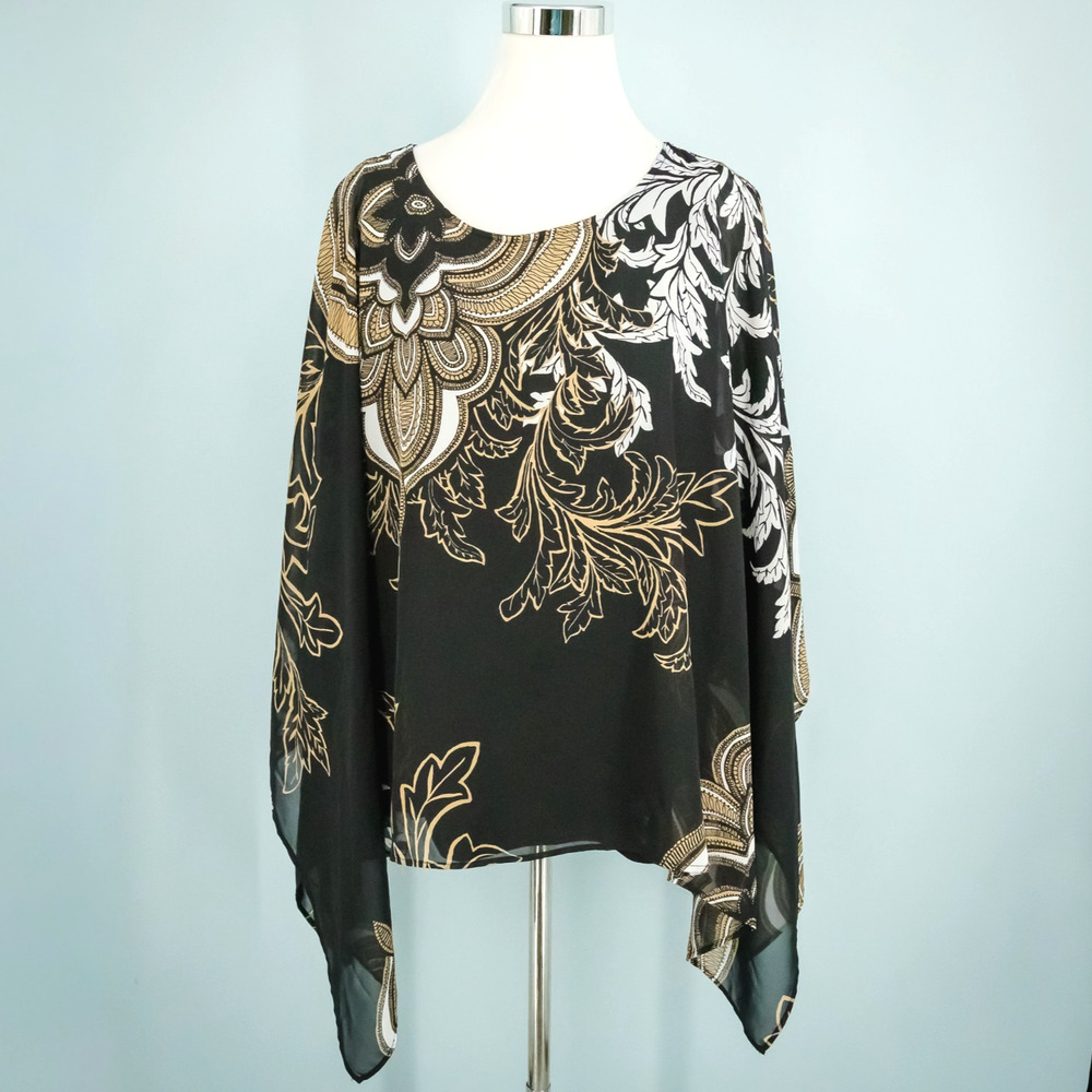 Chico's 3 Size XL Black Paisley Print Crew Scoop Neck Overlay Poncho Top Blouse - Picture 2 of 10